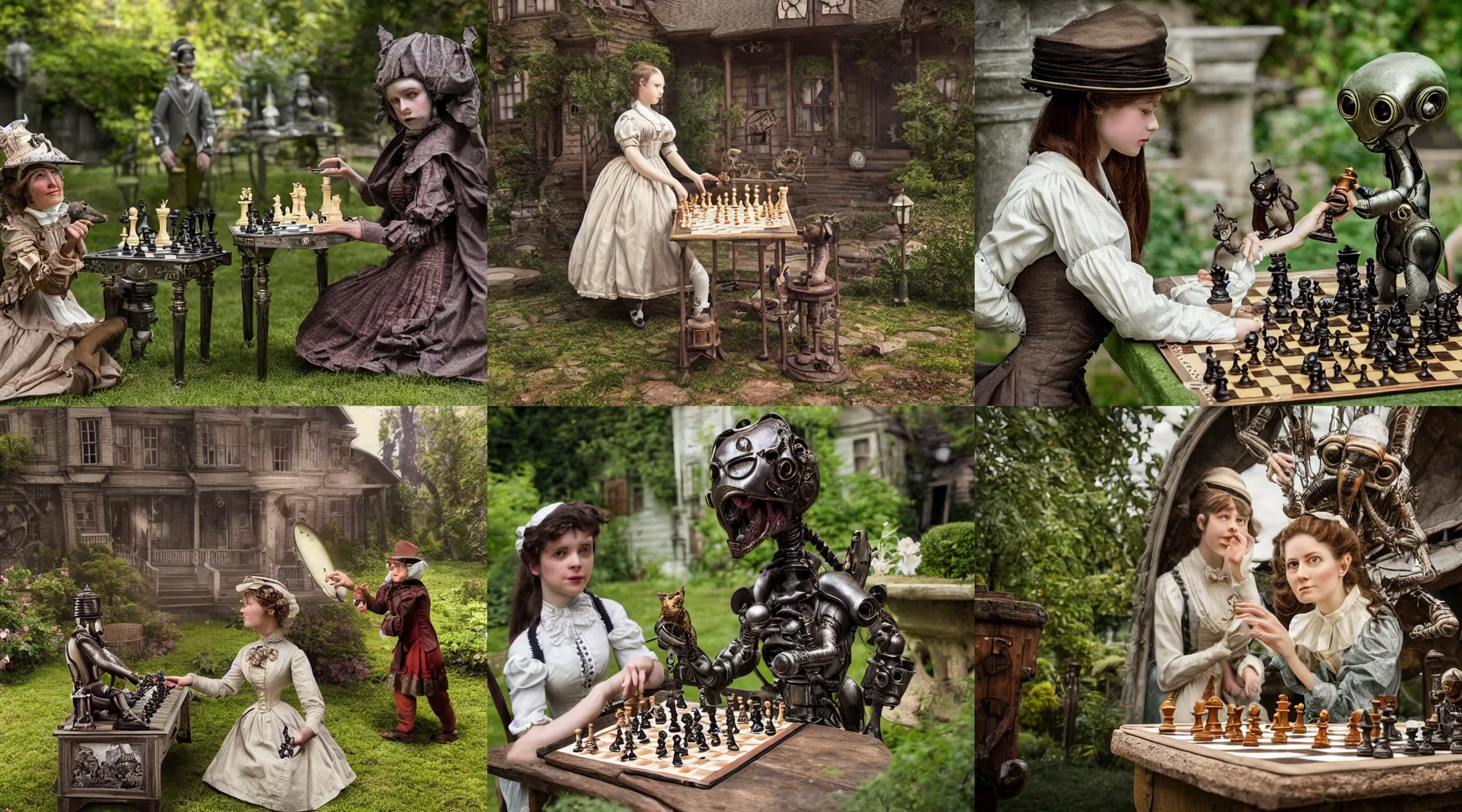 Prompt: detailed, sharp, a girl playing chess with her cute pet humanoid alien, wearing 1850s era clothes, in the garden of a house on an alien planet, steampunk, extremely highly detailed, hyperrealistic, highly detailed faces, 70 mm still from a period sci fi movie, 4k, HD