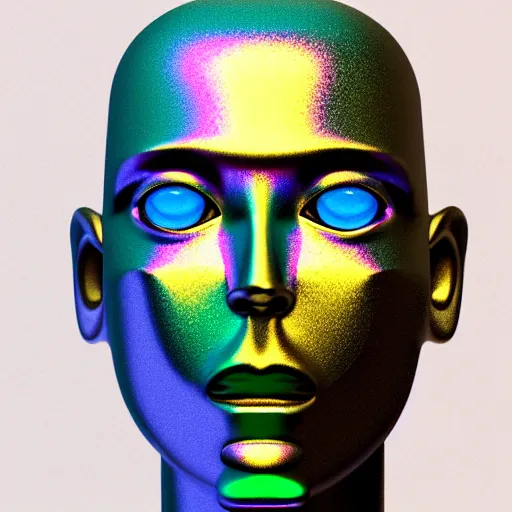 Image similar to 3d render of holographic human robotic head made of glossy iridescent, surrealistic 3d illustration of a human face non-binary, non binary model, 3d model human, cryengine, made of holographic texture, holographic material, holographic rainbow, concept of cyborg and artificial intelligence