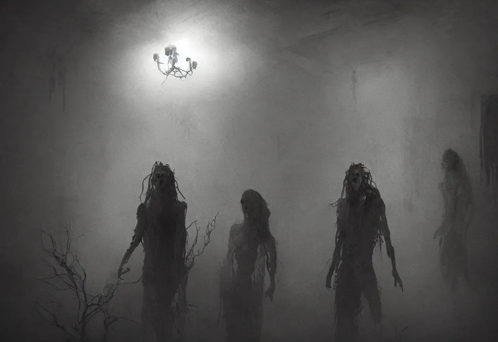 Image similar to eldritch hungry ghosts in a room of a haunted house. realistic, cinematic lighting, octane tender, dark - art