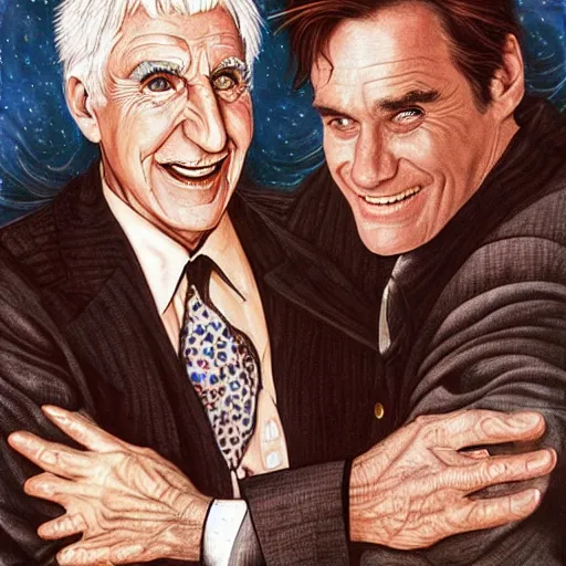 Image similar to Leslie Nielsen and Jim Carrey, artwork by Daniel Merriam,