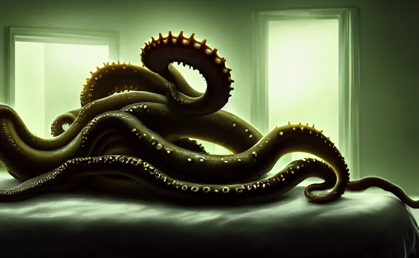 Image similar to matte oil painting of a lovecraftian tentacle creature crawling onto a bed inside a bedroom, extremely graphic, disturbing, cinematic, 4 k, 8 k