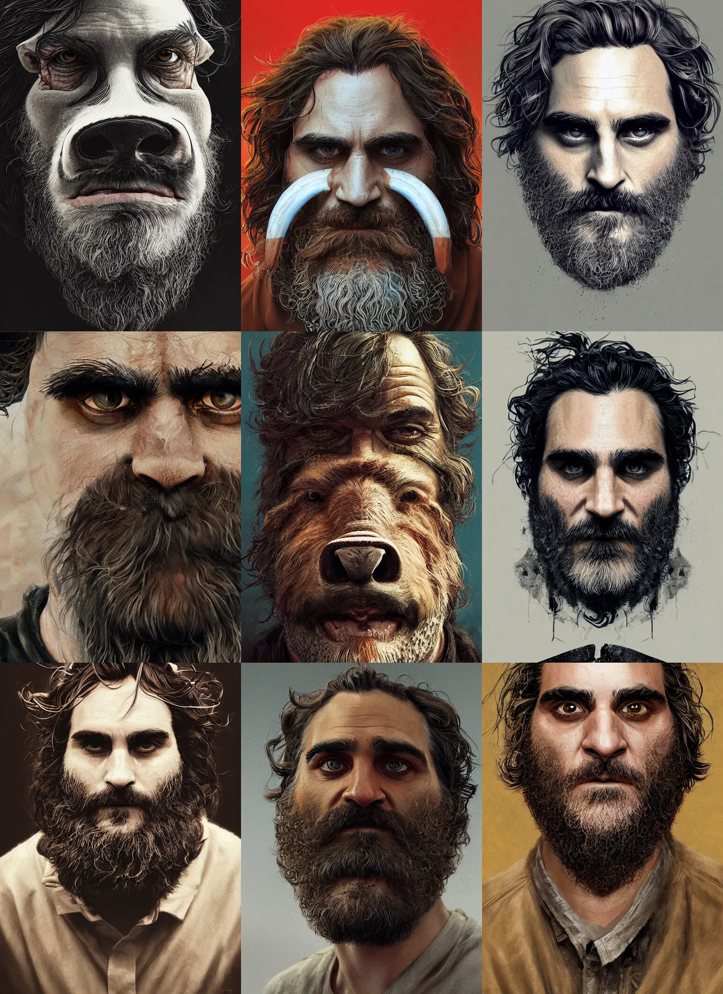 Prompt: a hyper detailed full face portrait of joaquin phoenix as the king of animals, cow, pig, sheep, chicken, horror, by anna podedworna and miklos ligeti, on artstation