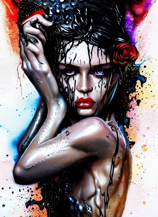 Prompt: fierce wet fashion model, splash, melted liquid metal dna, effervescent, black roses, poster art, high detail, intricate oil painting and watercolor, deep mood, hyperrealism, 3 d, in the style of irakli nadar,