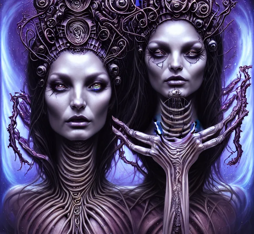 Image similar to A beautiful detailed alien goddess woman with 6 arms super dark tarot card, gorgeous model face by Stanley Artgerm, by tomasz alen kopera and Justin Gerard, 4 eyes, beautiful symmetrical features, ominous, magical realism, melting, texture, intricate, ornate, royally decorated, melting, whirling smoke, embers, purple adornments, blue torn fabric, radiant colors, fantasy, trending on artstation, volumetric lighting, micro details, 3d sculpture, ray tracing, 8k, anaglyph effect