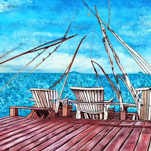 Prompt: realistic crab boil on wooden deck, digital art, fishing boats in background, blue sky
