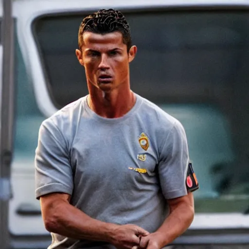 Image similar to movie still of cristiano ronaldo as mccauley in the movie Heat,