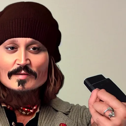 Prompt: Chubby Johnny Depp as Jesus Christ wearing a brown beanie as a YouTuber doing a Livestream