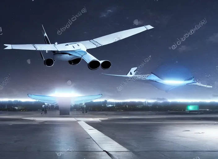 Image similar to futuristic sci fi jet plane arrives at runway of cyberpunk airport at night ,cinematic lighting, realistic photo , concept art