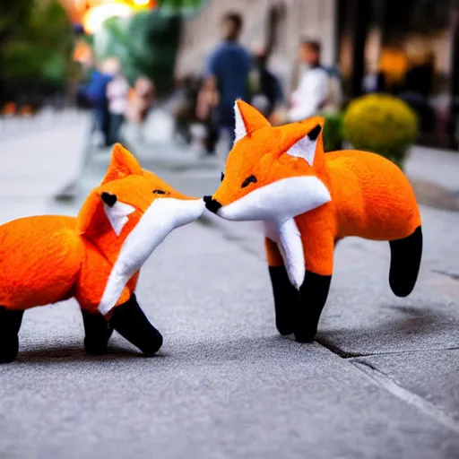 Prompt: Two fox! plushies! playfully wrestling on the sidewalk, dynamic, motion blur, 1/4 shutter speed, award winning photography