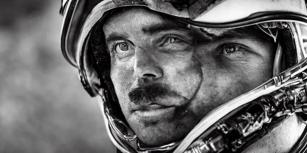 Image similar to closeup portrait photograph of an astronaut extreme sports dirt bike rider, helmet, human head, portrait, hyper realistic, highly detailed, retrofuturism