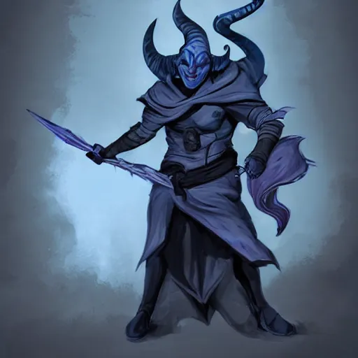 Image similar to D&D character concept art of a cloaked tiefling, tiefling rogue, blue skin color with short horns and a devil tail, fighting pose of a Rogue holding daggers, black cloak hidden in shadows, full body pose, soft colors, fantasy, intricate, elegant, highly detailed, digital painting, artstation, concept art, smooth, sharp focus, illustration, wide angle shot, full body visible, art by artgerm and H R Giger and alphonse mucha