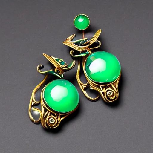 Image similar to artnouveau alien goddess earrings made by René lalique in black, white and emerald and gold