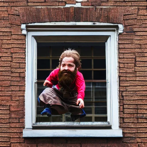 Prompt: close up portrait of dwarf jumping from window, photography realistic detailed, 5 0 mm lens,