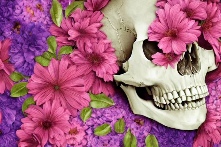 Prompt: human skull made entirely from flowers with flowes in its eyes, artstation, illustration, hd, hq, high resolution, high detail, 4 k, 8 k