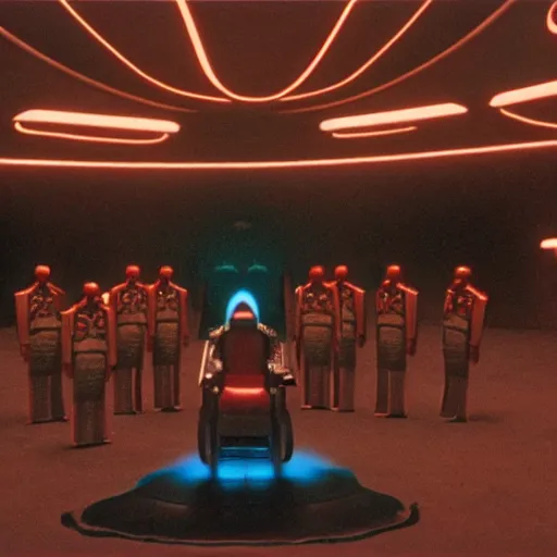 Image similar to Jodorowsky's Dune movie, cinema still, photo realistic, emperor's throne room with guards, in focus faces, colorful uniforms, wide angle, 8k, cinestill 400t film