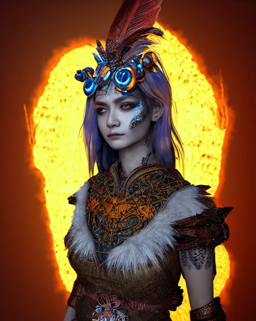 Image similar to 3 d warrior goddess medium shot portrait. beautiful hyperrealistic intricate highly detailed magpie helm, shattered armor, kintsugi, quetzalcoatl, korean hanbok, bioluminescent, plasma, lava, ice, feather, in the style of chiara bautista, octane 3 d render