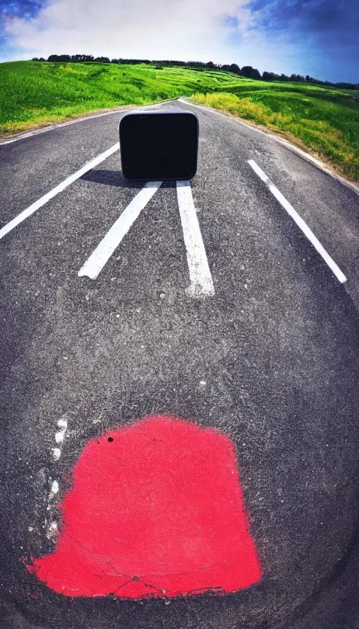 Prompt: phone photo of a giant mouth open on an asphalt road, realistic photo, gopro, looming, colorful, eerie