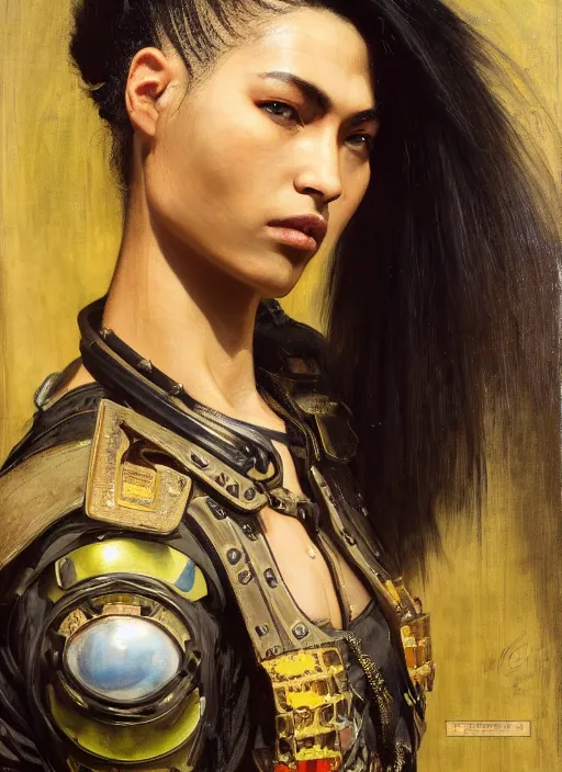 Prompt: Adriana. beautiful cyberpunk Samurai woman wearing a military vest and military jumpsuit (cyberpunk 2077). gorgeous african face. Iranian orientalist portrait by john william waterhouse and Edwin Longsden Long and Theodore Ralli and Nasreddine Dinet, oil on canvas. Cinematic, hyper realism, realistic proportions, dramatic lighting, high detail 4k