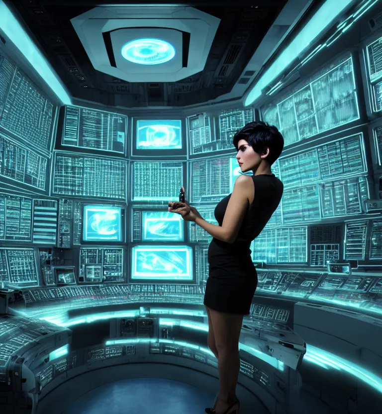 Image similar to beauty woman with short black hair pixie cut, sci-fi control room, in holograms of alien artifacts, electrical case display, total recall tech, ultrarealistic, dramatic lighting, electrical details, high details, 4k, 8k, best, accurate, trending on artstation, artstation, photorealism, ultrarealistic, digital painting, style of Peter Mohrbacher, Caravaggio, Boris Vallejo