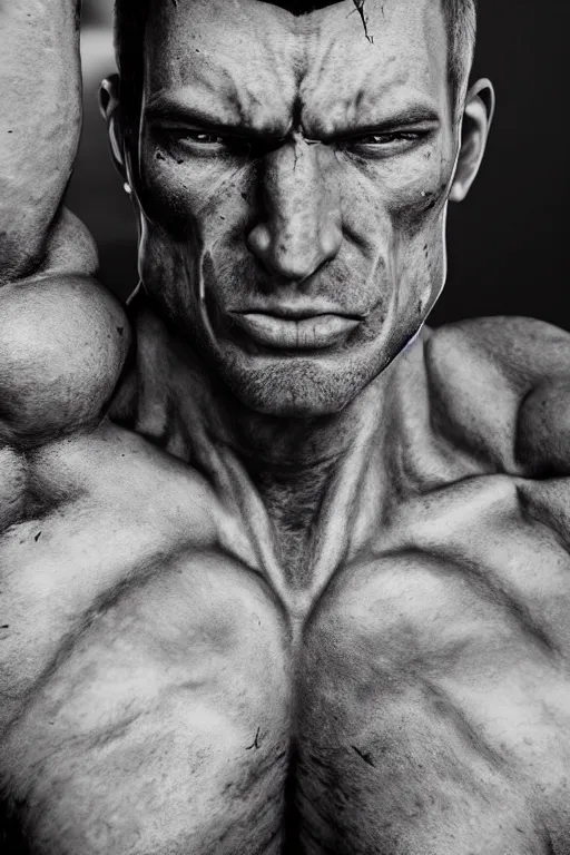 Image similar to a single muscular man wearing torn clothes, looking to the right, profile picture, hyperrealistic, concept art, octane render, unreal engine 5, trending on artstation, high quality, highly detailed, 8 k, dramatic lighting, cinematic, high coherence, anatomically correct, five fingers, digital art, seductive, black and white