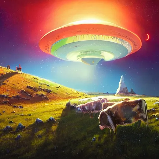 Image similar to ufo over the cow, Bright colors, fantastic landscape, hyperrealism, no blur, 4k resolution, ultra detailed, style of Anton Fadeev, Ivan Shishkin, John Berkey