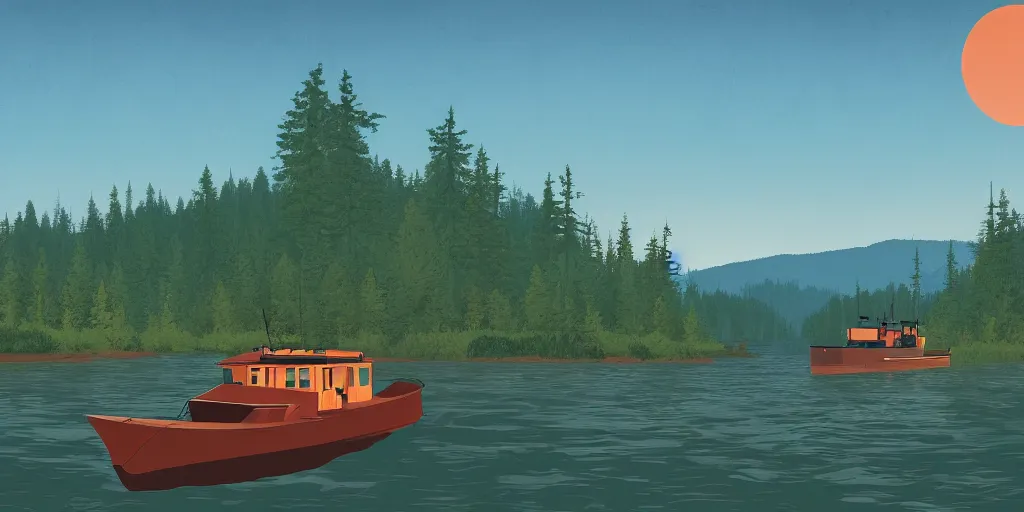 Image similar to An illustration in the style of Firewatch featuring a river surrounded by forest and fields. A boat is slowly moving through the water