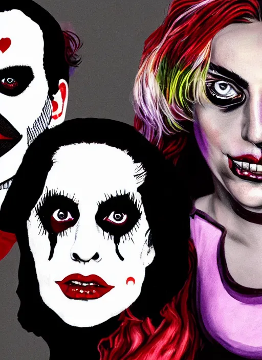 Image similar to lady gaga harley queen and joaquin phoenix joker by mimmo rottela and bengus and banksy