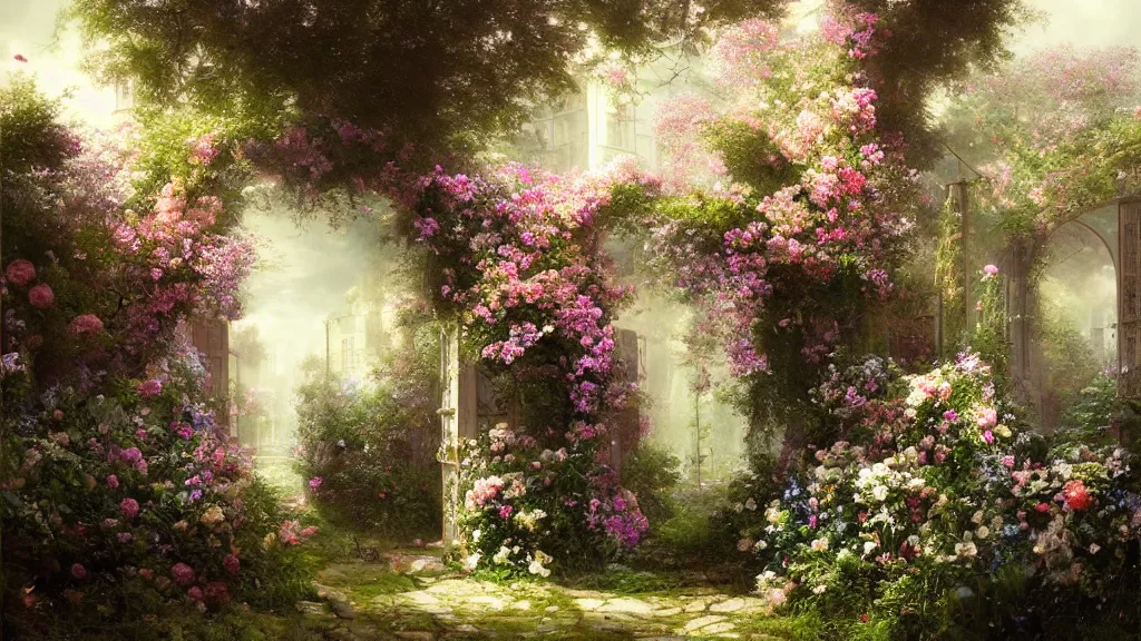 Prompt: a secret garden with many flowers. andreas achenbach, artgerm, mikko lagerstedt, zack snyder, tokujin yoshioka