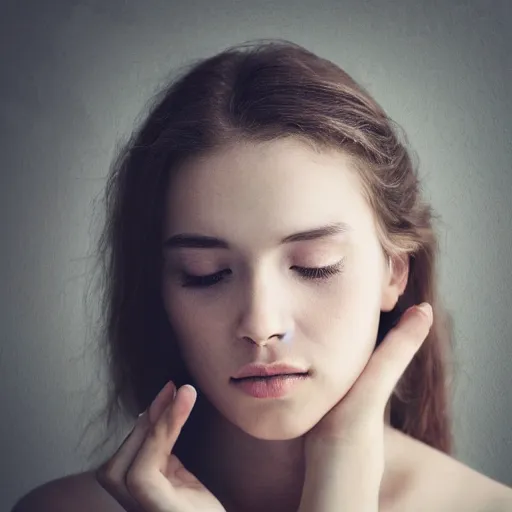 Image similar to photorealistic portrait of a beautiful young woman, very blurry, out of focus, translucent stone white skin, closed eyes, foggy, closeup