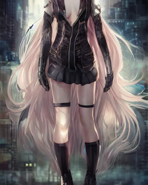 Image similar to The successful warrior is the average man, with laser-like focus, artwork by artgerm, anime, cyberpunk streets in Japan, elegant, seductive, long white hair, knee high socks, short plaid skirt, white blouse, full shot, wide-shot, long-shot, fantasy, mystical, magical