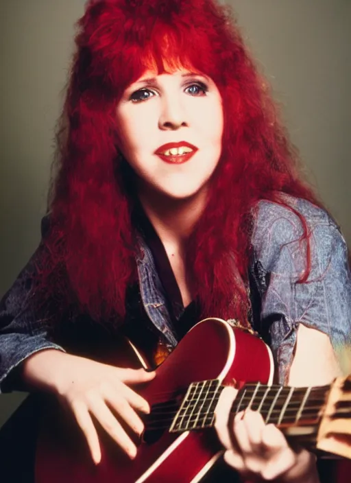 Image similar to dslr portrait photo still of 2 4 year old stevie nicks at age 2 4 with red hair playing a guitar, 8 5 mm, f 1. 8