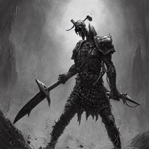 Prompt: undead warrior wearing a skull mask and wielding a battle axe, engraving, concept art, elden ring, illustration, dark fantasy, smooth, artgem, by gustave dore and greg rutkowski