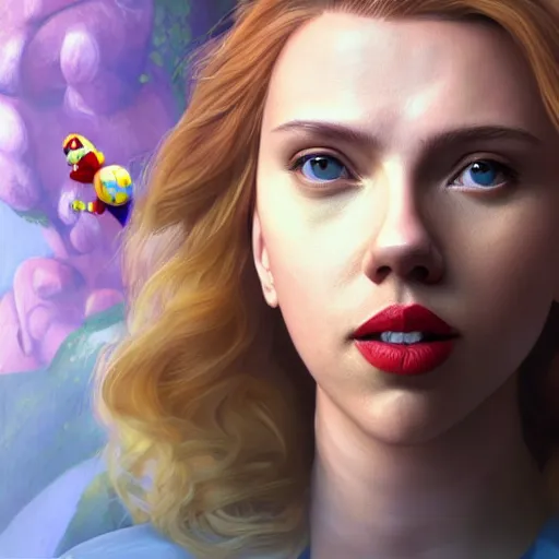 Image similar to portrait of scarlett johansson as super mario, au naturel, hyper detailed, digital art, trending in artstation, cinematic lighting, studio quality, smooth render, unreal engine 5 rendered, octane rendered, art style by klimt and nixeu and ian sprigger and wlop and krenz cushart.