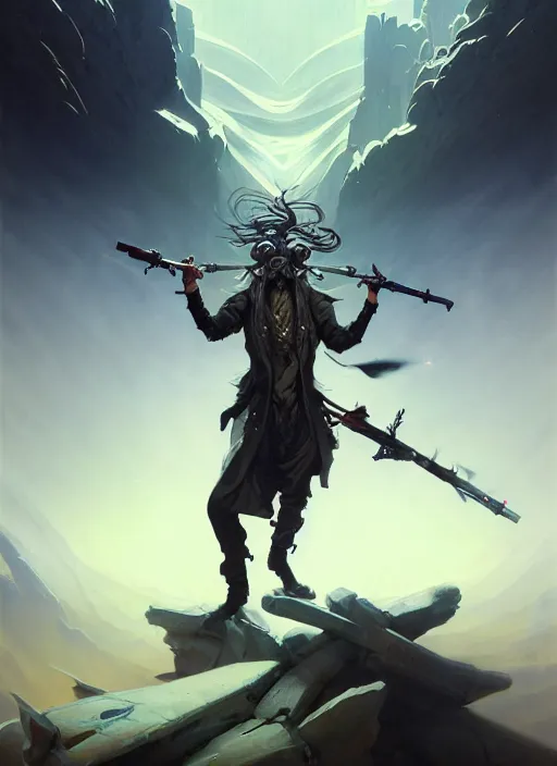 Prompt: cinematic high angle picture of a weapon master, holding ego weapons, long black jacket, neat white beard and hair, scars on eye, tired, mass of ego weapons all over the floors, smoking with squat down pose, highly detailed face, deep eyes, sharp focus, intricate, masterpiece, fantasy illustrations by peter mohrbacher and anato finnstark and jeremy lipking