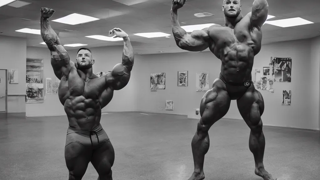Prompt: chris bumstead wearing a swimsuit and flexing in a queer position photographed by rupaul