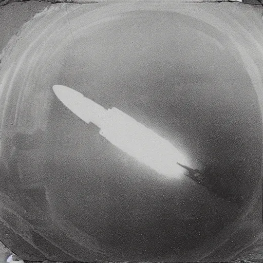 Prompt: 1800s camera obscura photography of a heavily armed zeppelin firing missiles into a city which is in flames