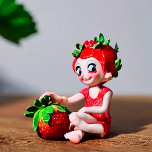 Prompt: a femo figurine of a cute funny strawberry fairy sitting on top of a jar of strawberry jam