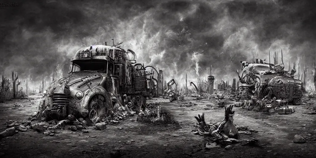 Image similar to Minion, George Miller, Photorealistic, Hyper detailed, desert, post apocalyptic, fire, dust, black and white