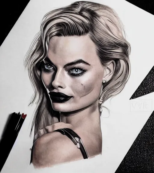 Image similar to tattoo design sketch of beautiful margot robbie portrait with joker makeup, in the style of den yakovlev, realistic face, black and white, realism tattoo, hyper realistic, highly detailed