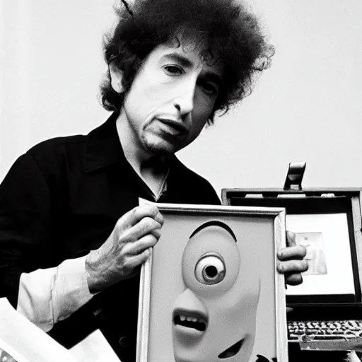 Image similar to bob dylan presenting a minion funko pop to the camera, photograph, 1 9 6 5