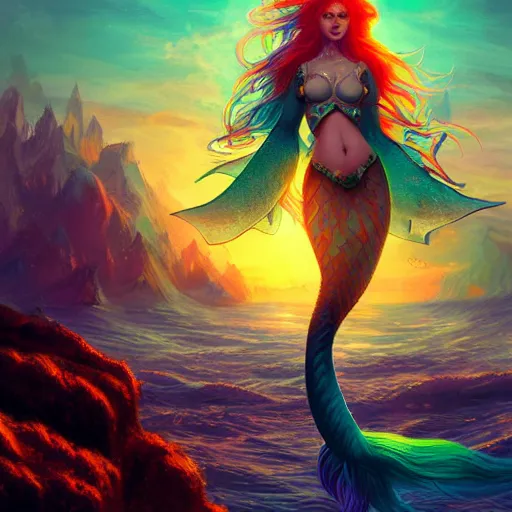 Image similar to a beautiful stunning interesting detailed fantasy whimsical matte digital illustration of a mermaid with blue-green hair, yellow-orange and red-violet spectacular sunset, in the style of Ross Tran and Marc Simonetti, magic the gathering, trending on artstation hq, contest winner