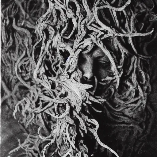 Image similar to photographic portrait of wrinkly sad max ernst dried melting floral tree with spiraling cigarette smoke, in fog, medium long shot