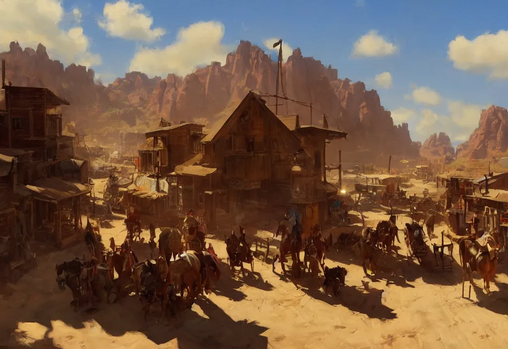 Image similar to greg manchess painting of a wild west town landscape in the year 1 8 5 0, any person in the painting only buildings, painting, trending on artstation, by huang guangjian and gil elvgren and sachin teng