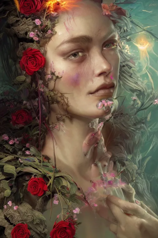 Image similar to face closeup of beautiful girl necromancer, witch - doctor exploding into flowers, angels, 3 d render, hyper - realistic detailed portrait, holding fire and electricity, forest, wings, roses, leaves and magic, ruan jia, wlop. scifi, fantasy, magic the gathering, hyper detailed, octane render, concept art, peter mohrbacher