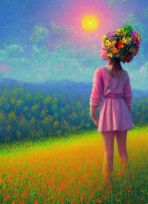 Image similar to girl with flower head, in a field with flowers, hills, big trees, sunrise dramatic light, impressionist painting, colorful clouds, digital painting, pointillism, artstation, simon stalenhag, flower head