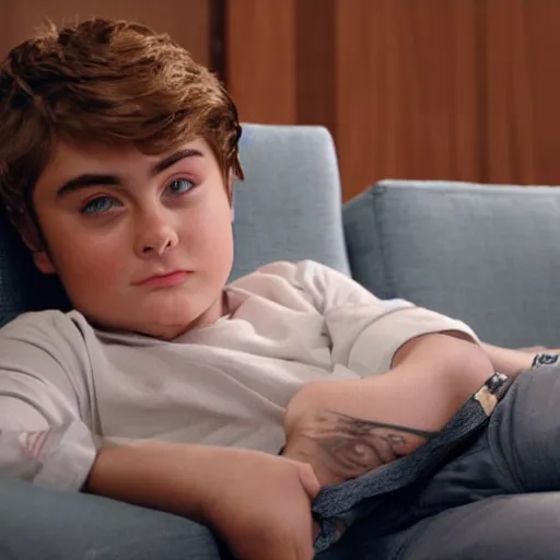 Prompt: chubby Zack Efron in sofa watching tv, realistic