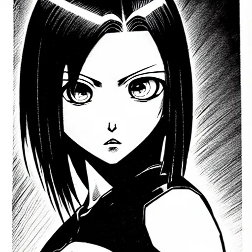 Image similar to alita by yukito kishiro. medium shot. black and white manga. pencil drawing. high detailed face