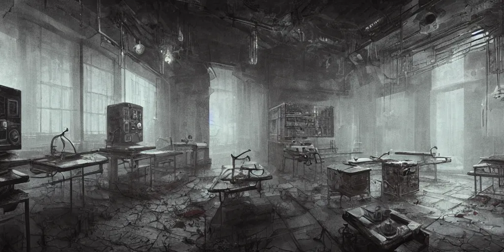 Image similar to abandoned laboratory with vacuum tube computers, early xx century technology, dark atmosphere, intricate, elegant, highly detailed, digital painting, artstation, concept art, smooth, sharp focus, octane render, dramatic lighting, volumetric lighting, cinematic lighting, art by zdzislaw beksinski and hans giger