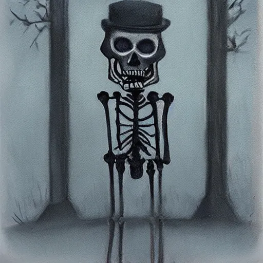 Image similar to creepy mafia skeleton in a fogged neighborhood, pastel painting