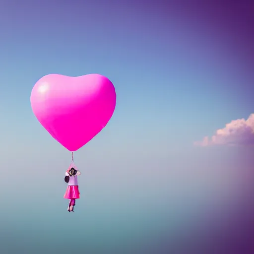 Image similar to a 5 0 mm lens photograph of a cute pink floating modern house, floating in the air between clouds, inspired by the movie up, held up from above by a heart - shaped ballon. mist, playful composition canon, nikon, award winning, photo of the year